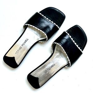 Yoriko Powell Vtg Scalloped Trim black leather slides, Italy, size 37 US 7